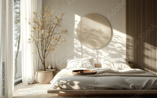 Obraz na płótnie Serene Minimalist Bedroom Interior With Wooden Platform Bed near Dried Tree in Pot in Natural Light w salonie