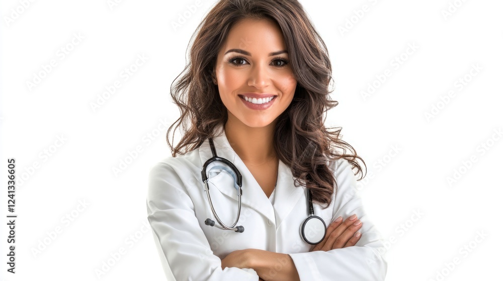Smiling Asian woman doctor wearing white lab coat with stethoscope crossing her arms on white background showcasing professionalism and confidence Smiling Asian woman doctor wearing white lab coat with stethoscope crossing her arms on white background showcasing professionalism and confidence