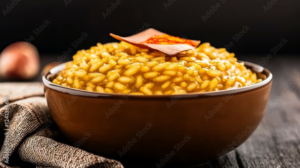 Famous Food of Italian concept. Creamy risotto served in a rustic bowl, garnished with a slice of ham. Famous Food of Italian concept. Creamy risotto served in a rustic bowl, garnished with a slice of ham.