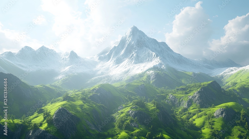 Obraz premium Top view of a lush green valley on a summer sunny day. Panoramic view with mountain ranges on the horizon. Nature background. Illustration for cover, card, postcard, interior design, decor or print.