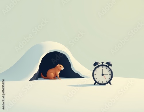 Cute Prairie Dog Emerging from Burrow with Alarm Clock - Time to Wake Up!