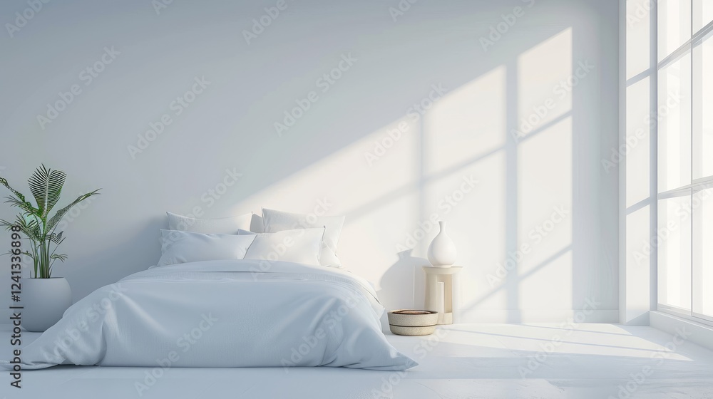 Minimalist Bedroom Interior Design With Simple White Bedding And Sunlight On White Wall Background