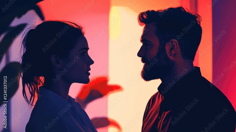 Silhouetted professional man and woman engaging in strategy discussion in a vibrant coworking office with warm pink and purple lighting Silhouetted professional man and woman engaging in strategy discussion in a vibrant coworking office with warm pink and purple lighting