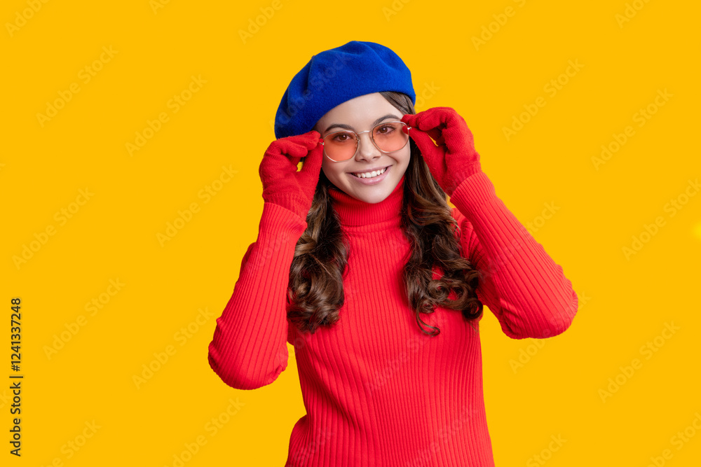 Trendy portrait of fall style. Girl in autumn coat isolated on yellow. Teen girl wear sunglasses. Autumn fashion girl. Trendy and stylish teenager girl smiling. Fall style for teen. Chic wardrobe Trendy portrait of fall style. Girl in autumn coat isolated on yellow. Teen girl wear sunglasses. Autumn fashion girl. Trendy and stylish teenager girl smiling. Fall style for teen. Chic wardrobe