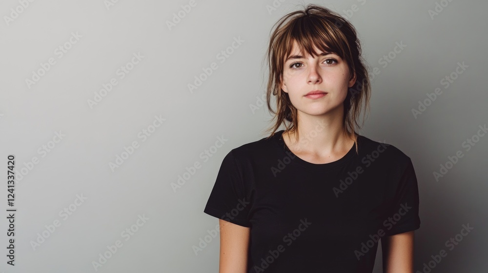 Studio portrait of a 20-year-old woman with medium brown hair wearing a casual black t-shirt against a soft gray background, exuding confidence and poise. Studio portrait of a 20-year-old woman with medium brown hair wearing a casual black t-shirt against a soft gray background, exuding confidence and poise.