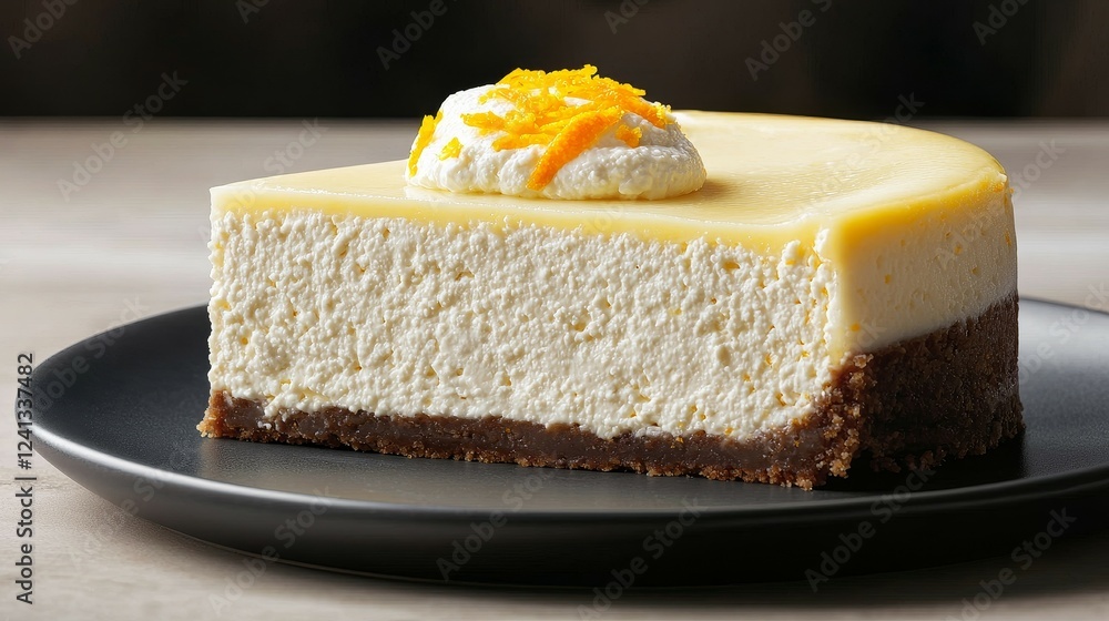 Famous Food of Italian concept. Creamy cheesecake slice topped with whipped cream and zest on a dark plate. Famous Food of Italian concept. Creamy cheesecake slice topped with whipped cream and zest on a dark plate.