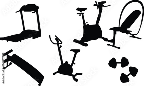 Various gym instrument vector and silhouette,Male fitness silhouette collection,Fitness icons ,Work out equipments