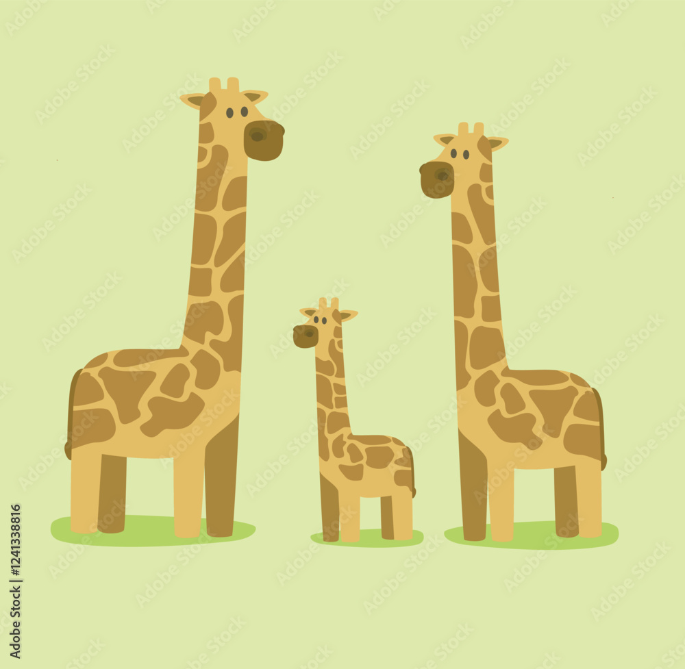 Naklejka premium family of giraffe animal cartoon flat vector character african scenery children book on background illustration