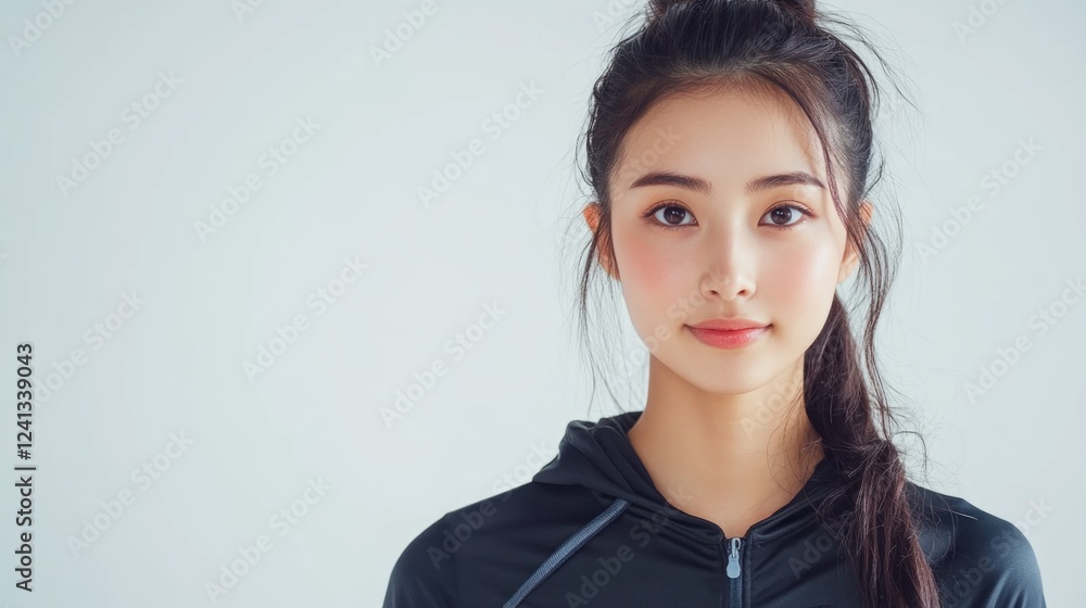 Fototapeta premium Fit young Asian woman with long dark hair in black sportswear against a clean white background showcasing a healthy lifestyle and sport concept