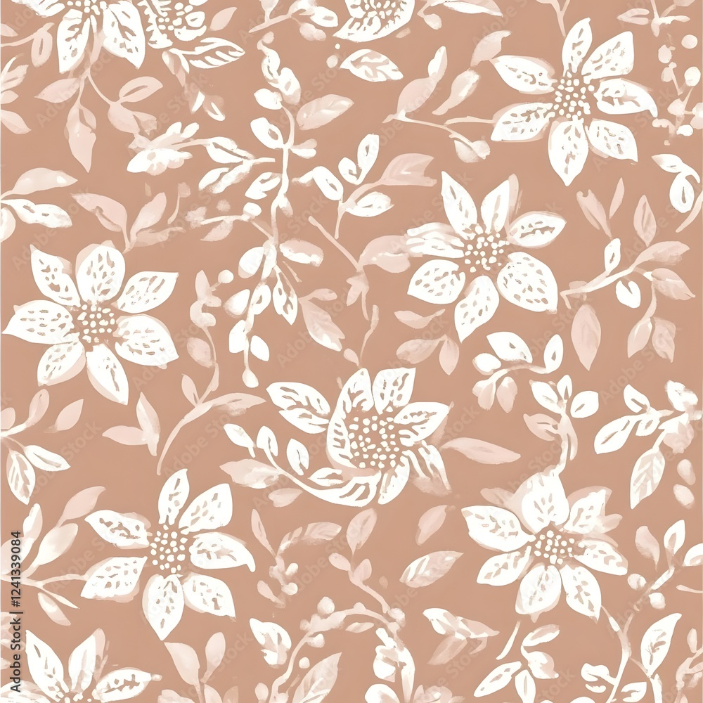 Elegant floral pattern featuring white flowers and leaves on a soft brown background, ideal for textiles Elegant floral pattern featuring white flowers and leaves on a soft brown background, ideal for textiles