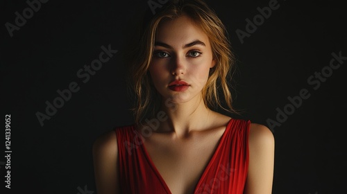 young woman with wavy blonde hair wearing a striking red dress poses elegantly against a dark background with direct eye contact