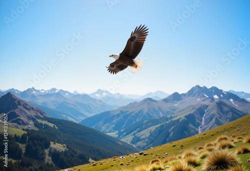 Bald eagle soaring over vast mountain valley, freedom in nature photo