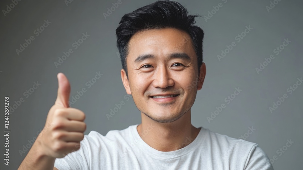 smiling middle-aged Asian man with short dark hair wearing a white t-shirt showing thumbs up gesture on gray background promoting positivity and confidence smiling middle-aged Asian man with short dark hair wearing a white t-shirt showing thumbs up gesture on gray background promoting positivity and confidence