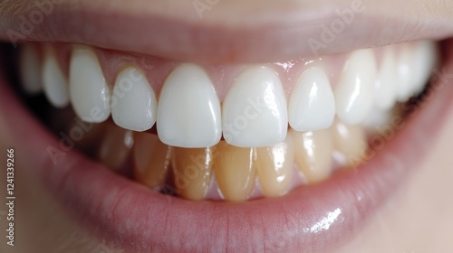 Close-up of a smiling mouth showcasing a teeth whitening procedure with bright white teeth contrasted against discolored teeth in a dental care context photo