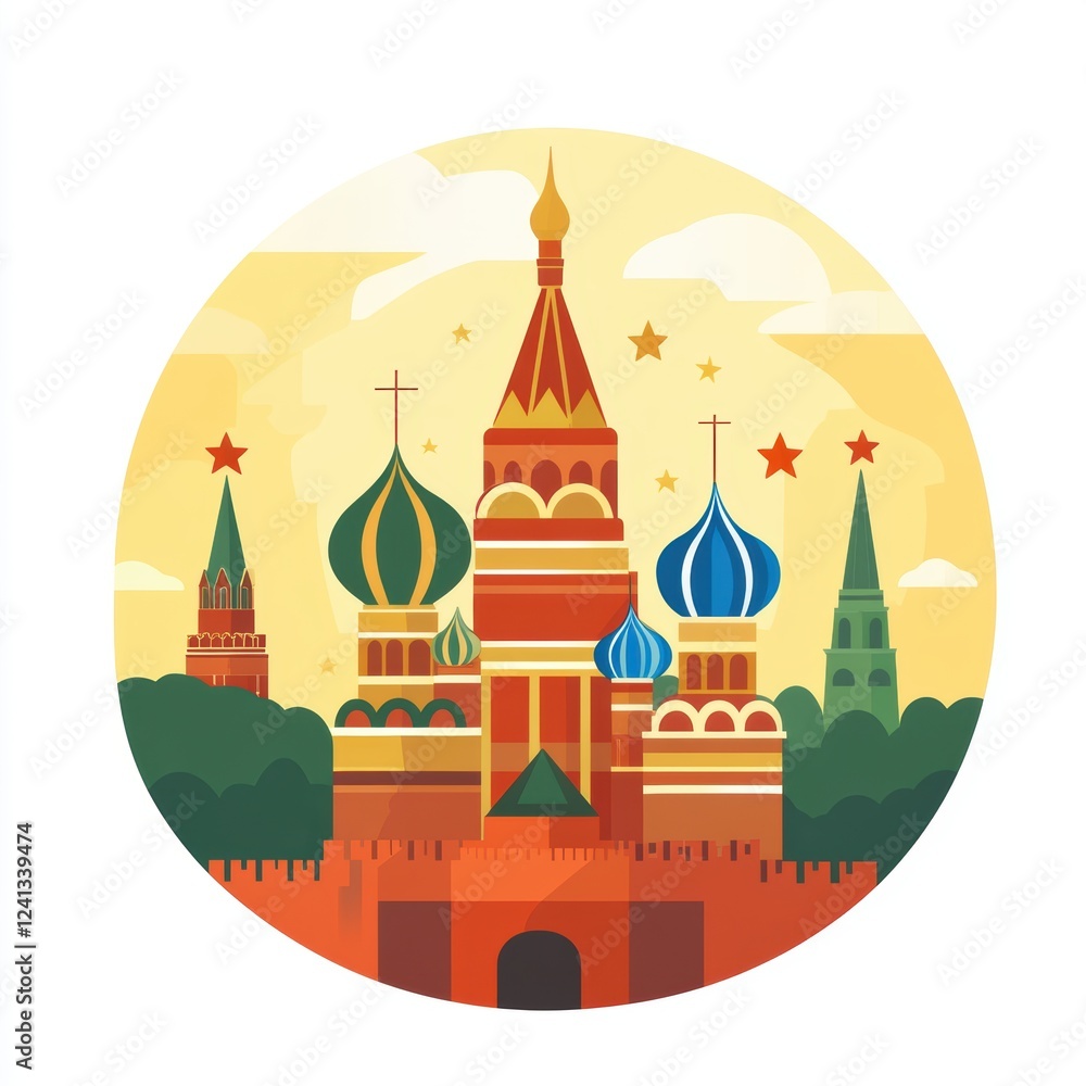 Obraz premium Circular vector artwork of Saint Basil's Cathedral in warm tones, representing Russian heritage.