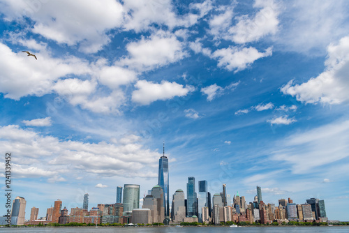 A view of the New York financial district fom Paulus Hook Pier in Jersey City, New Jersey.New York, United States. Manhattan New York NY NYC Skyline. Lower Manhattan and One World Trade Center in New