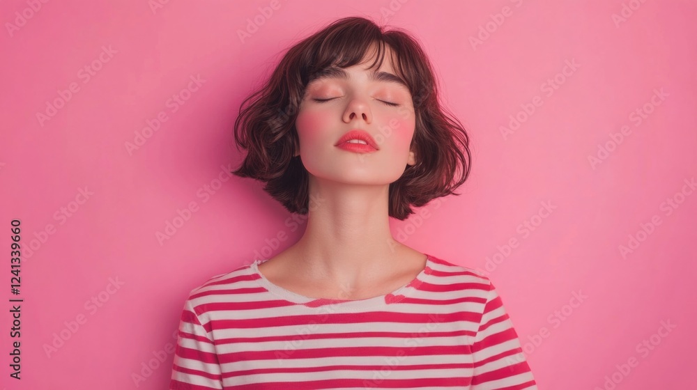 Contemplative young woman with short wavy hair wearing pink and white striped shirt and closed eyes, set against a vibrant pink background. Contemplative young woman with short wavy hair wearing pink and white striped shirt and closed eyes, set against a vibrant pink background.