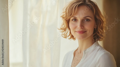 35-year-old woman with medium skin and curly brown hair smiling gently while standing by a bright window with sheer curtains in a soft natural light interior. Free Download 35-year-old woman with medium skin and curly brown hair smiling gently while standing by a bright window with sheer curtains in a soft natural light interior. - GFXLoad