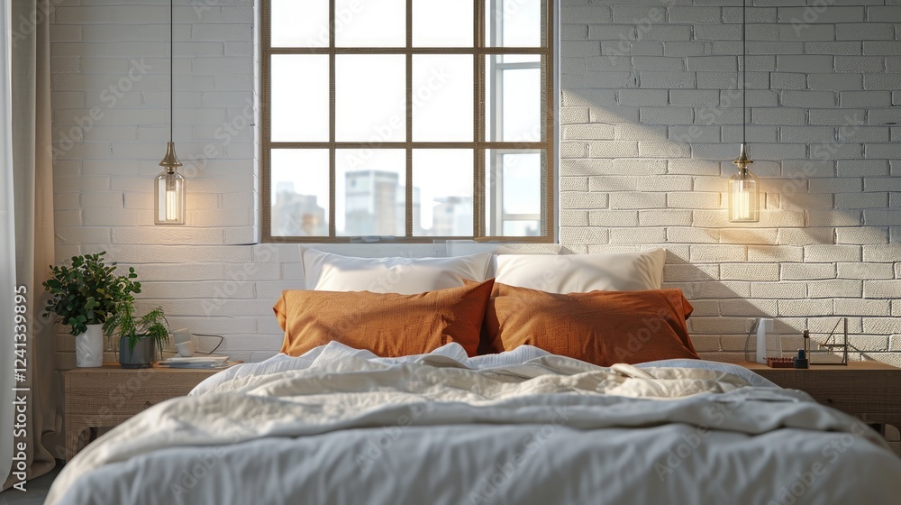 Sunlit modern bedroom white with neatly made bed with orange pillows near hanging lamp against windows background.