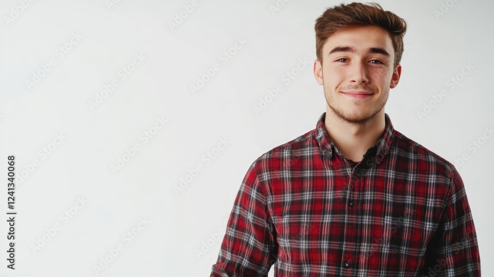 Fototapeta premium Smiling young adult male with medium brown hair in plaid shirt posing confidently against white background, holding a hardcover book for notes and documents.