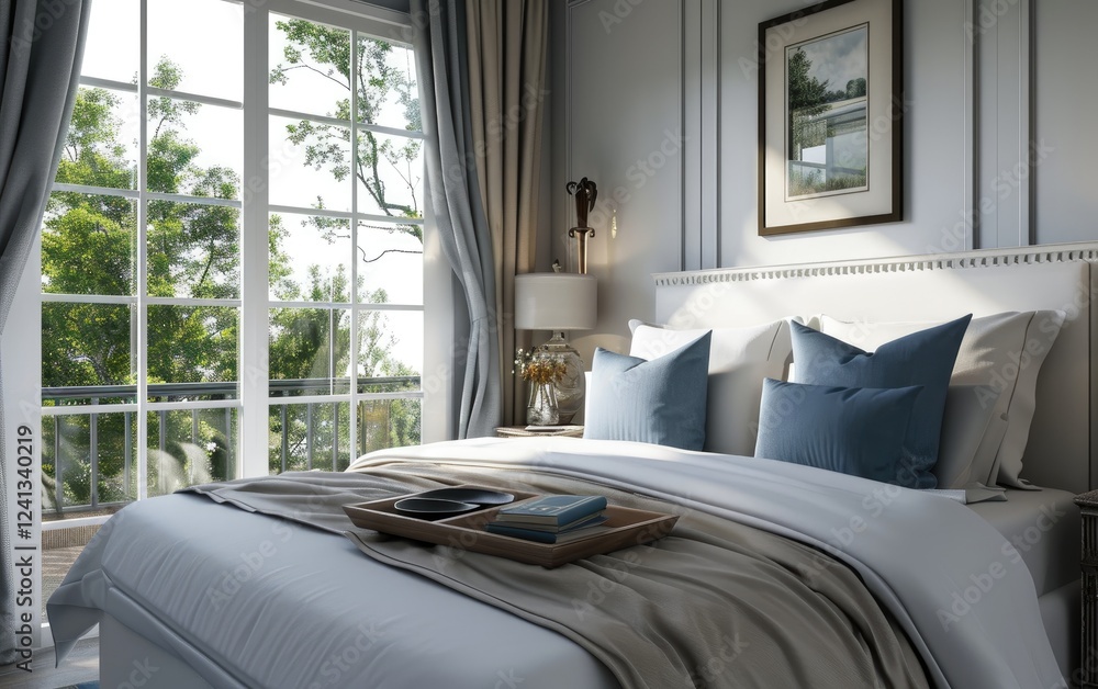 Cozy bedroom with a white bed dressed in grey blanket and blue pillows situated near a large window overlooking lush greenery.