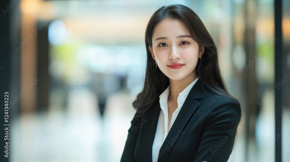 Asian businesswoman in formal black suit and white shirt smiling confidently in modern office environment, showcasing professional success and positivity. Asian businesswoman in formal black suit and white shirt smiling confidently in modern office environment, showcasing professional success and positivity.