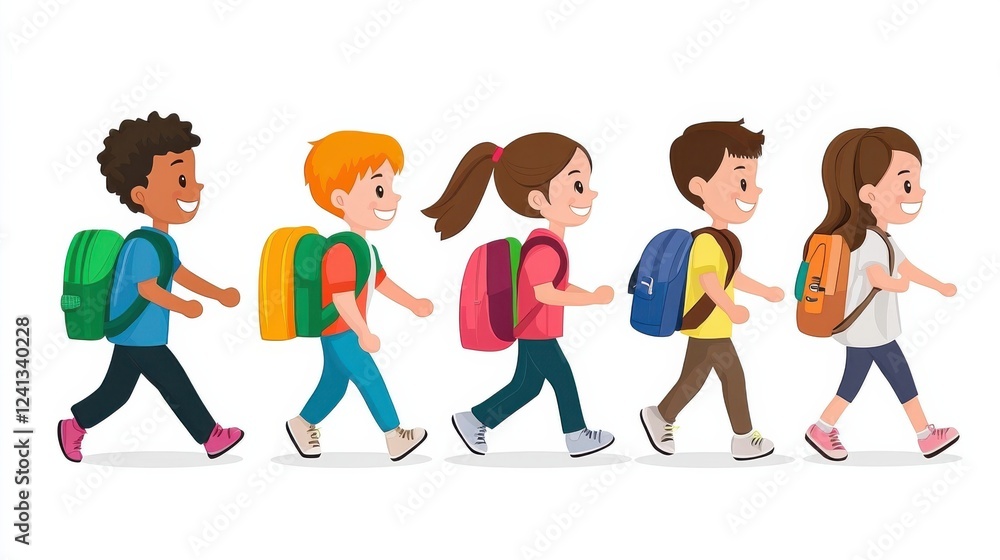 Children Walking to School with Backpacks in Bright Light Children Walking to School with Backpacks in Bright Light