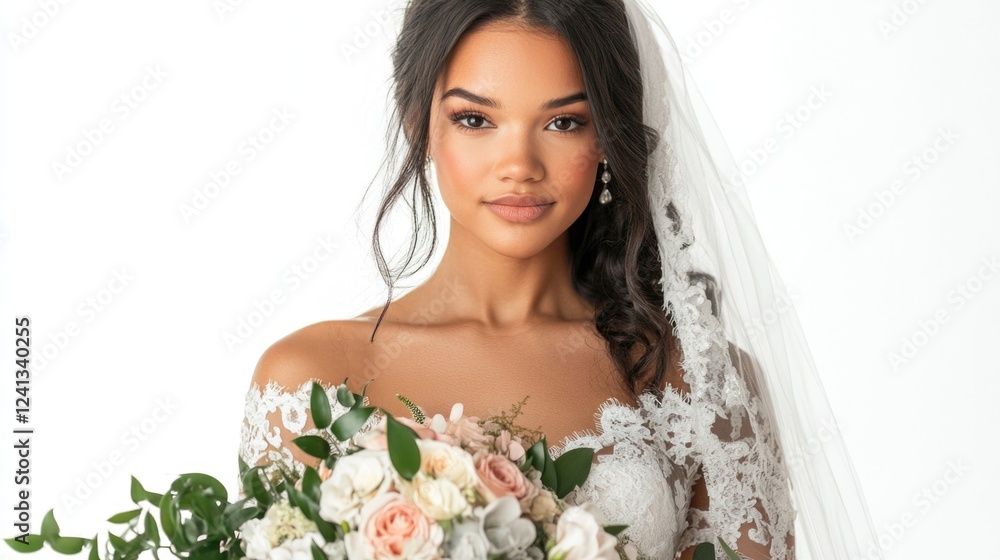 bride with long dark hair wearing elegant lace gown holding wedding bouquet of pink and white flowers smiling at camera isolated on white background bride with long dark hair wearing elegant lace gown holding wedding bouquet of pink and white flowers smiling at camera isolated on white background