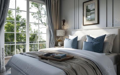 Obraz na płótnie Cozy bedroom with a white bed dressed in grey blanket and blue pillows situated near a large window overlooking lush greenery. w salonie