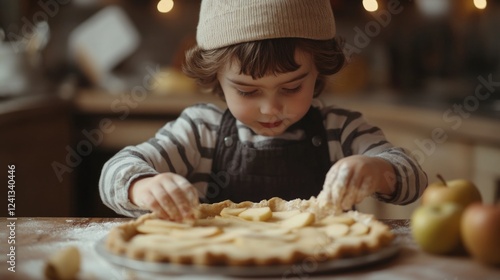 Charming young boy with curly hair baking apple pie in cozy home kitchen, wearing apron and toque, kneading dough and adding apple slices, warm colors photo