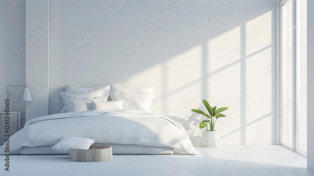 Bright minimalist bedroom with a white bed near green plant and sunlight streaming through a large window. Simple Interior