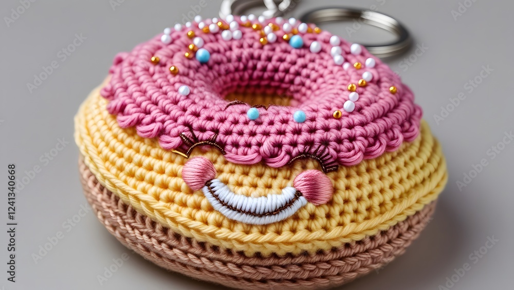 crochet donut keychain featuring a warm tan base resembling soft butter, topped with a swirl of vibrant pink frosting that's slightly puffed and textured, and adorned with tiny, crochet donut keychain featuring a warm tan base resembling soft butter, topped with a swirl of vibrant pink frosting that's slightly puffed and textured, and adorned with tiny,