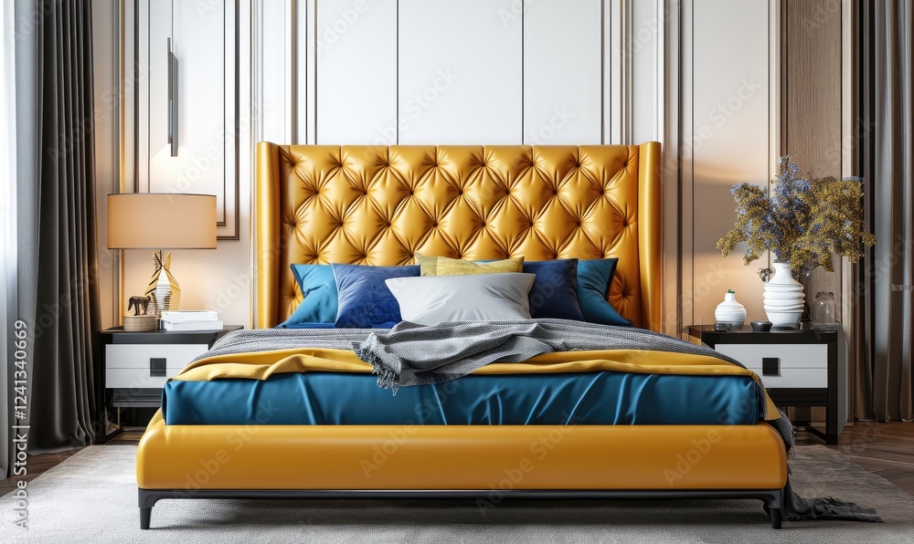 Trendy modern bedroom with a luxurious mustard yellow leather bed and blue blanket near a white cabinet and elegant decor on a white wall backdrop. Modern Bedroom