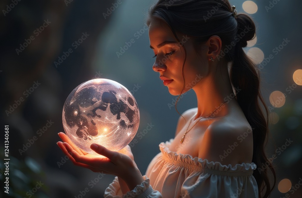 Naklejka premium A woman holds the Earth, the universe, and the planet in her hands, protecting and saving it. The whole world is in the palm of a young woman's hand.