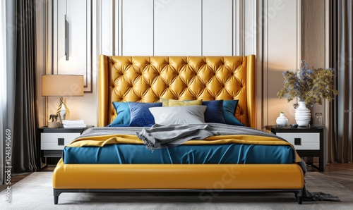 Obraz na płótnie Trendy modern bedroom with a luxurious mustard yellow leather bed and blue blanket near a white cabinet and elegant decor on a white wall backdrop. Modern Bedroom w salonie