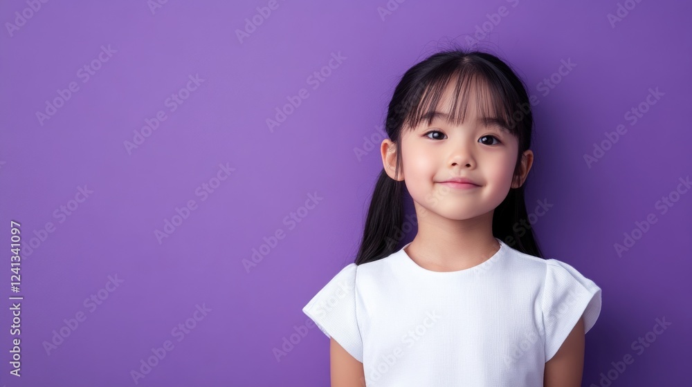Young Asian girl with playful expression in white outfit standing confidently against vibrant purple background showcasing youthful charm and innocence Young Asian girl with playful expression in white outfit standing confidently against vibrant purple background showcasing youthful charm and innocence