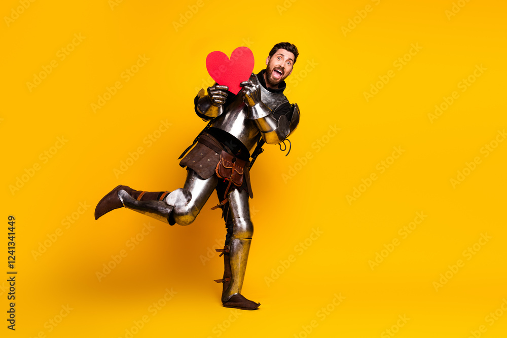 Happy knight in shining armor holding a heart on a bright yellow background Happy knight in shining armor holding a heart on a bright yellow background