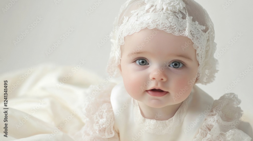 Adorable 6-month-old baby girl with blue eyes wearing a delicate lace headpiece and an elegant dress, captured in a soft studio setting on white fabric. Adorable 6-month-old baby girl with blue eyes wearing a delicate lace headpiece and an elegant dress, captured in a soft studio setting on white fabric.