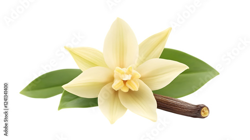 A close-up of a light yellow or white flower with green leaves attached to a brown stem. 