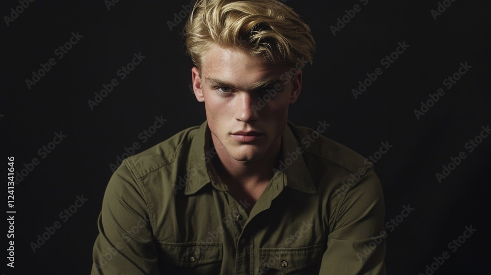Fototapeta premium Portrait of a young masculine figure with tousled blond hair wearing a khaki shirt, set against a dark black background, conveying confidence and strength.