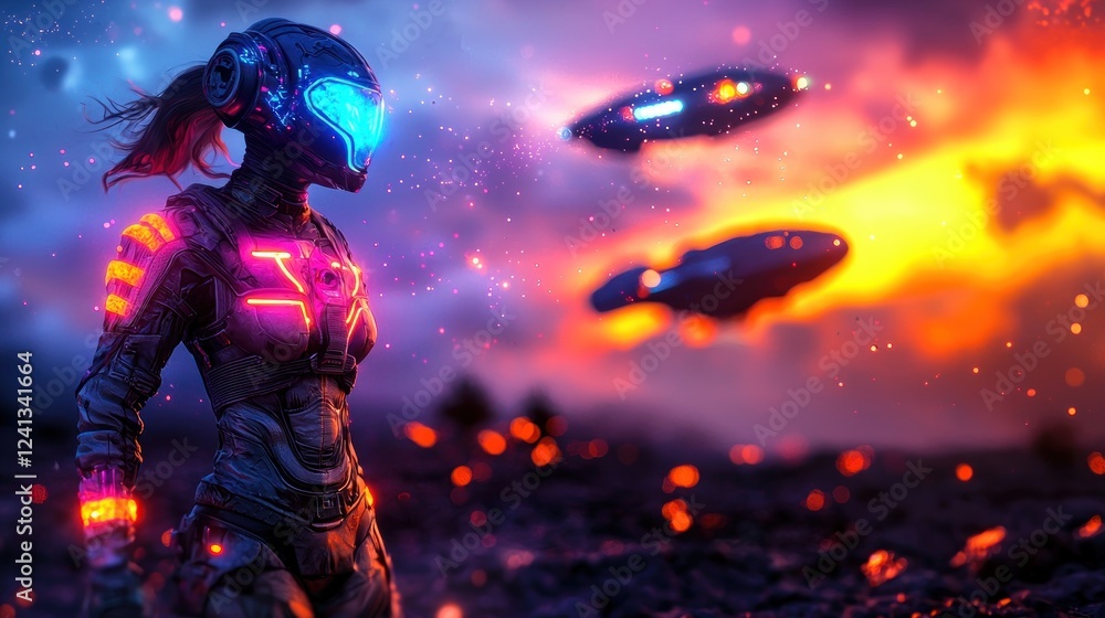 Fototapeta premium Futuristic scene of a woman in a glowing helmet observing UFOs against a volcanic landscape at sunset