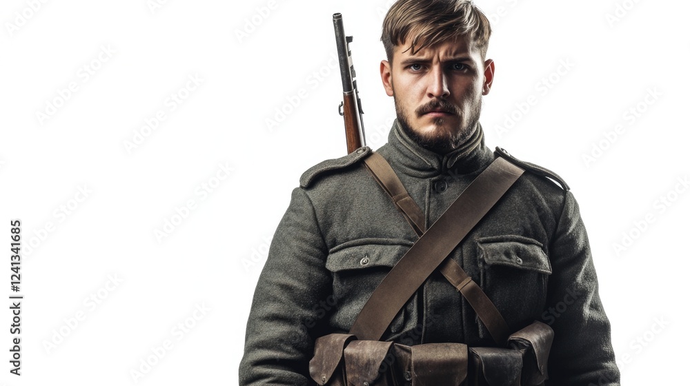 Fototapeta premium German Infantry Soldier Reenactor in Historical World War One Uniform with Rifle and Military Gear Posing Against White Background