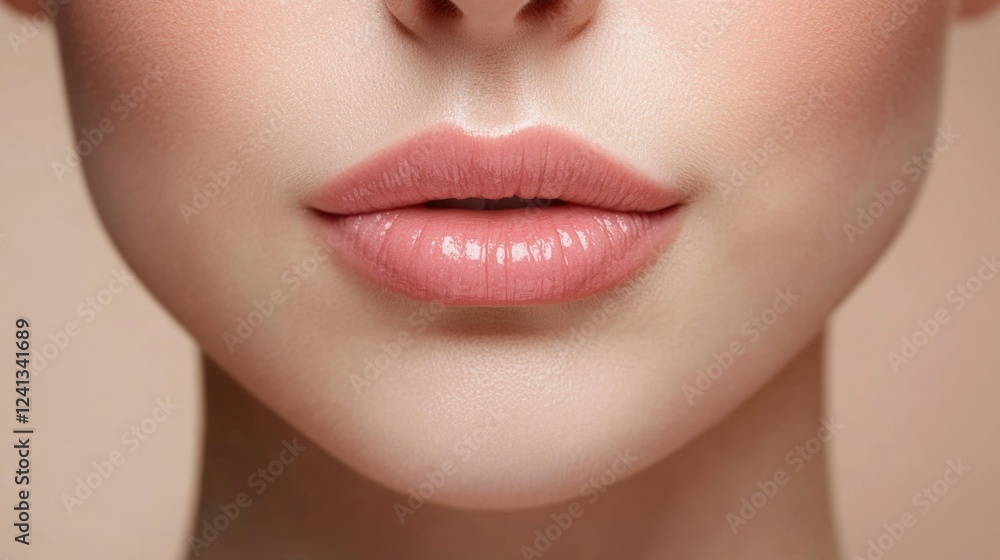 Natural plump lips enhancement with hyaluronic acid filler on youthful woman showcasing smooth soft pink lips in spa center with neutral background Natural plump lips enhancement with hyaluronic acid filler on youthful woman showcasing smooth soft pink lips in spa center with neutral background