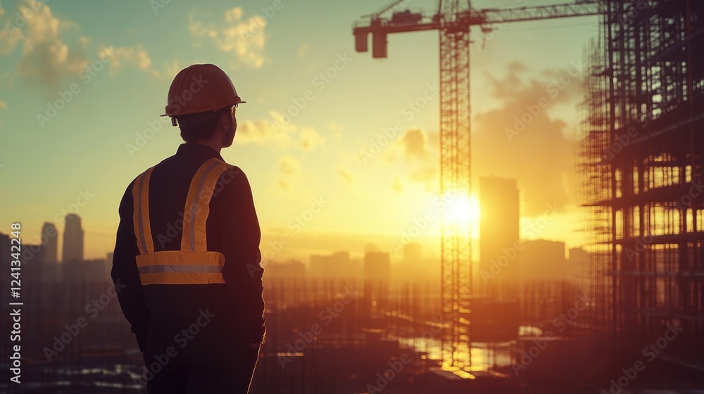 Fototapeta premium Engineer observing construction site at sunset with construction crane and skyline in background, warm golden hour light illuminating scene