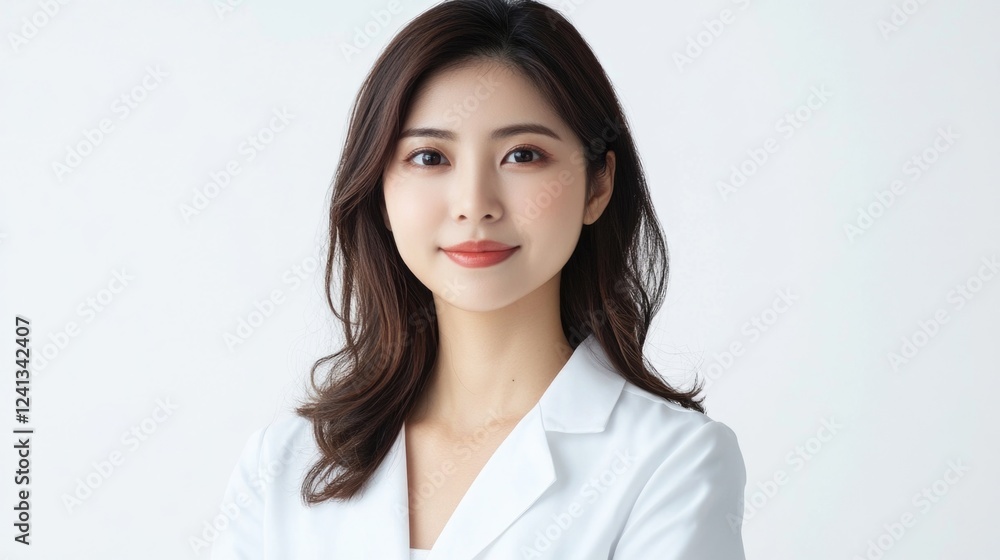 Confident Asian female doctor with long dark hair wearing a white lab coat, posed on a bright white background for professional medical imagery. Confident Asian female doctor with long dark hair wearing a white lab coat, posed on a bright white background for professional medical imagery.