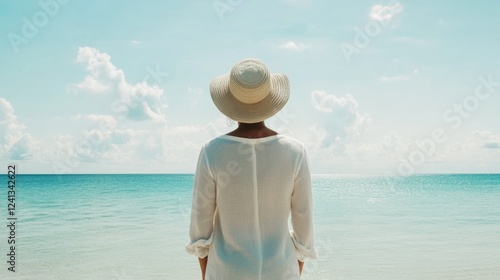 Fototapeta Naklejka Na Ścianę i Meble -  Senior woman enjoying a peaceful vacation on a Caribbean beach wearing a wide-brimmed hat and white linen attire gazing at the serene turquoise sea and clear sky.