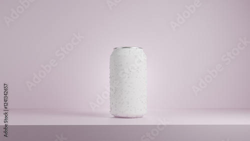 Blank White Aluminum Can with Water Droplets on a Soft Pink Background