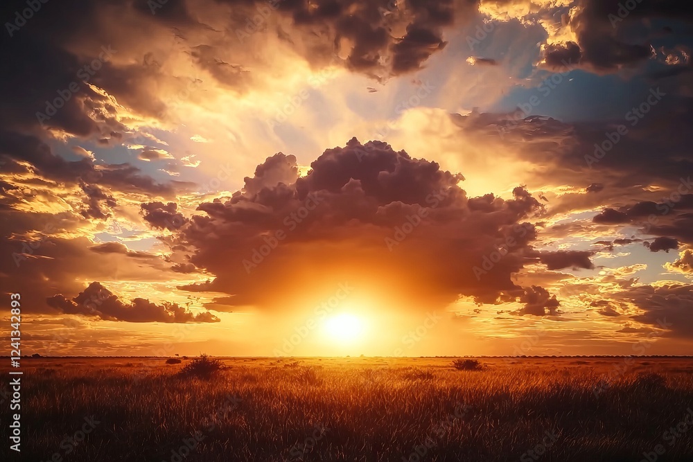 Fototapeta premium Golden sunset over a vast savanna landscape.