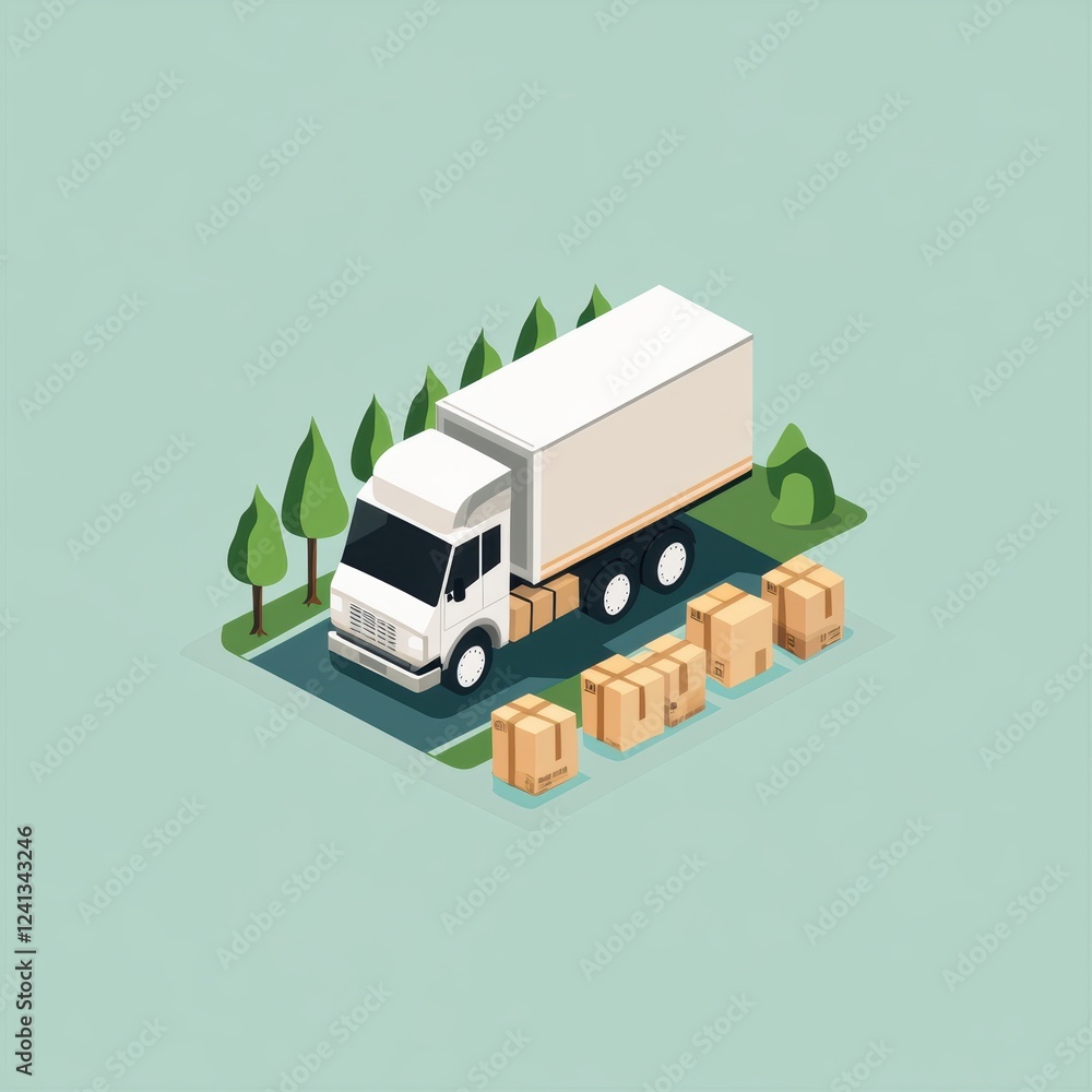 Obraz premium Isometric illustration of a white delivery truck with cardboard boxes in a green environment.