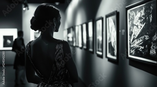 Elegant woman in evening gown admiring black and white artwork at modern exhibition gallery with ambient lighting and art displays. photo